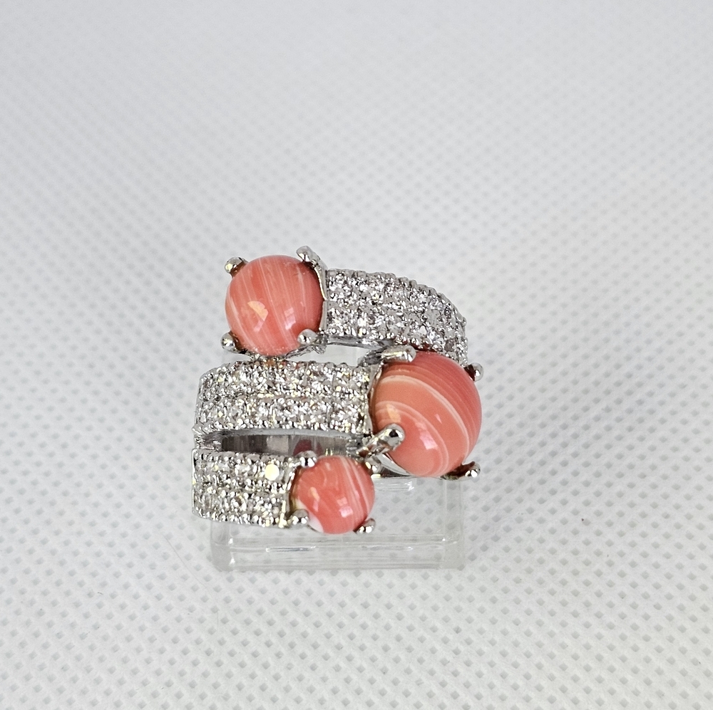 Rare Vintage Genuine Salmon Coral & CZ Wrap Around Ring Sterling Silver Sz 7! - Picture 2 of 9